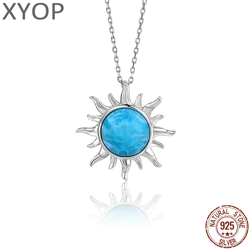 XYOP Natural Larimar Blue Sun Art Pendant Burning Christmas, Warm For Love, Warm Winter Praise