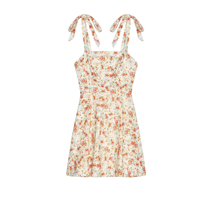 Vestido de Verano Estilo Campestre para Mujer con Estampado de Lazo de Mariposa, Cuello Recto, Tirantes, Largo Corto, Casual,...