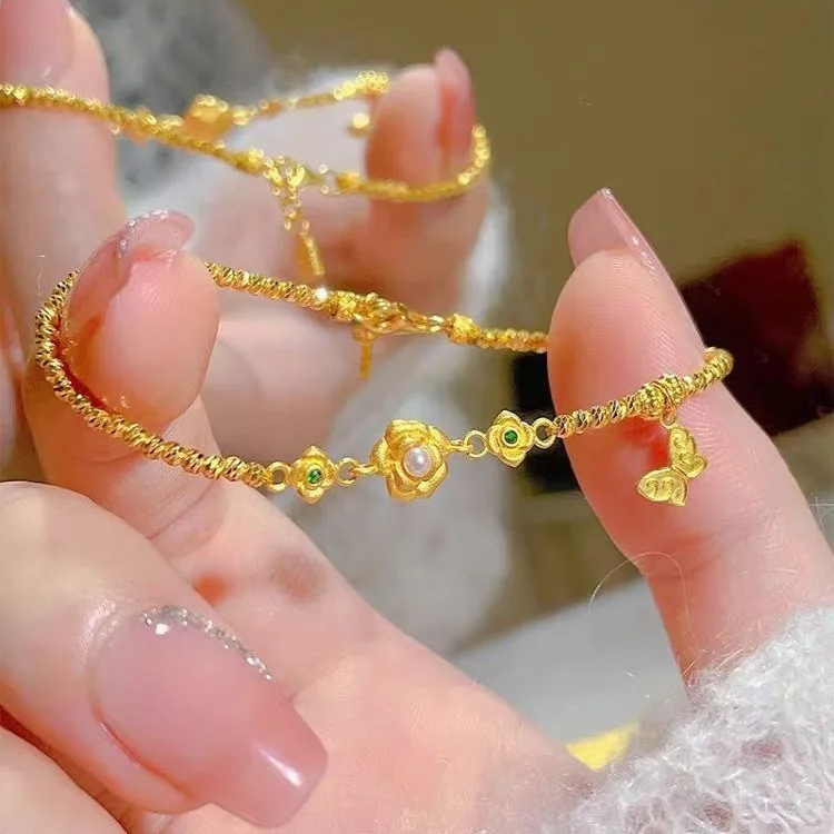 New 24K gold rose laser bead bracelet female pure gold AU999 real gold simple fashion light luxury temperament female bracelet