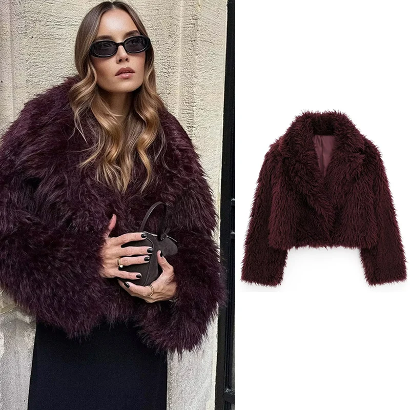 greatguy Winter Women Wine Red Faux Fur Jackets Female Thick Warm Turn-down Collar Coats Ladies Chic Outerwear