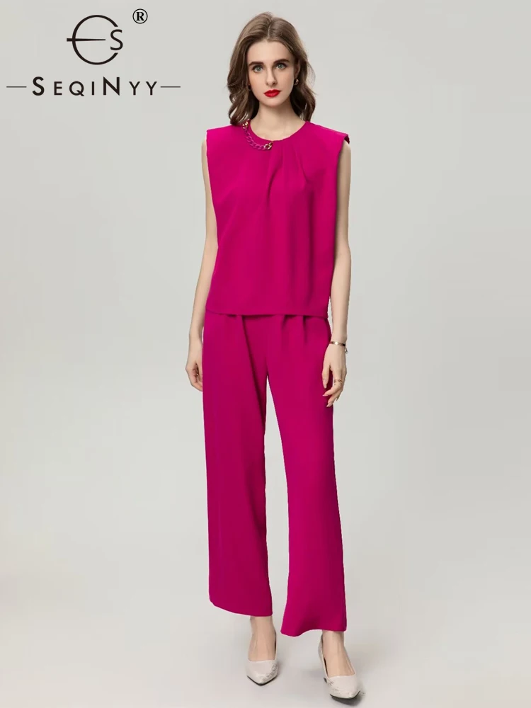 

SEQINYY Purple Red Suit Summer Spring New Fashion Design Women Runway Chain Sleeve Top + Pants Office Lady High Street Belt