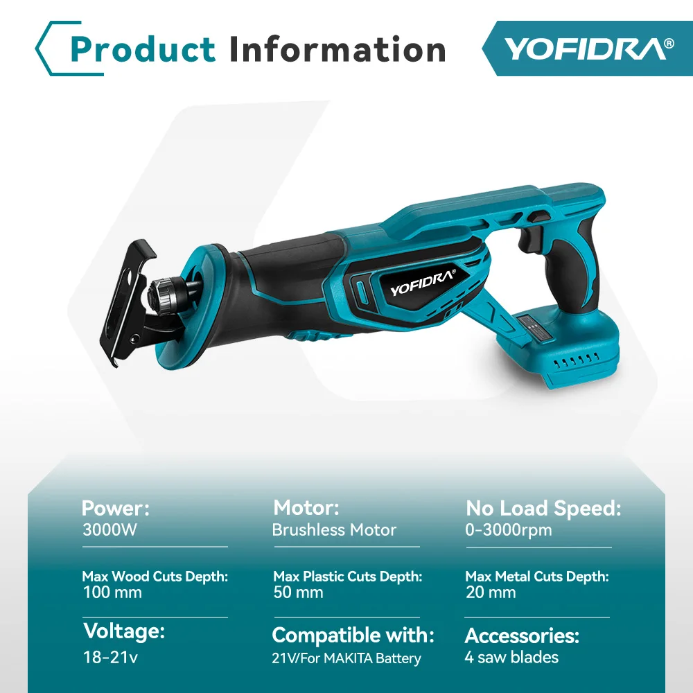 Yofidra Brushless Reciprocating Saw Handsaw Multifunction Electric Saw for Metal Wood Pipe Cutting For Makita 18-21V Battery Pin