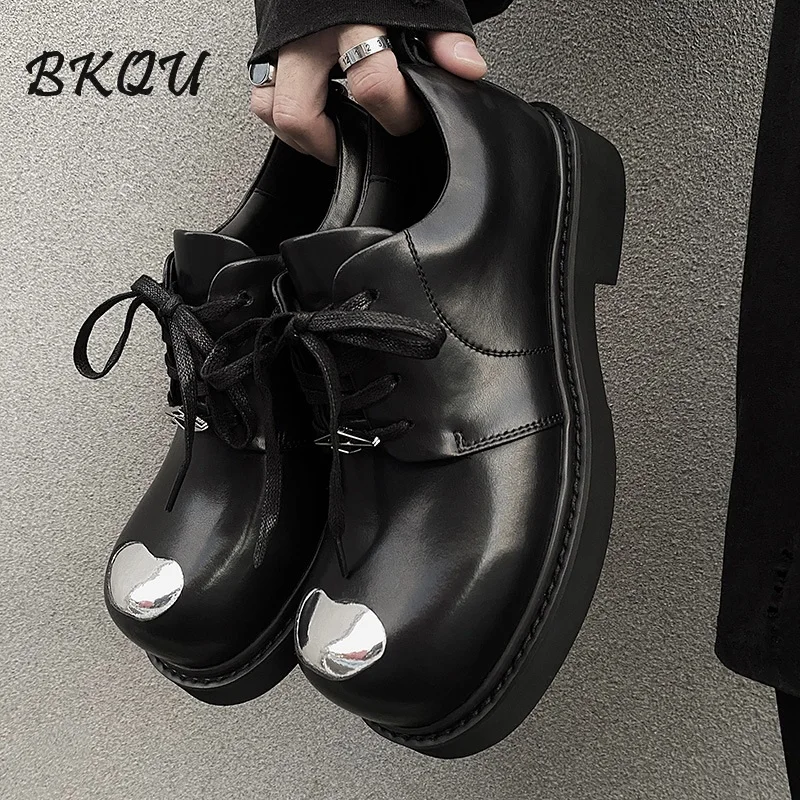 BKQU Original Niche Senior Sense Big Head Derby Shoes 2024 New Autumn Leisure Thick Sole Increase Commuter Black Men's Shoes