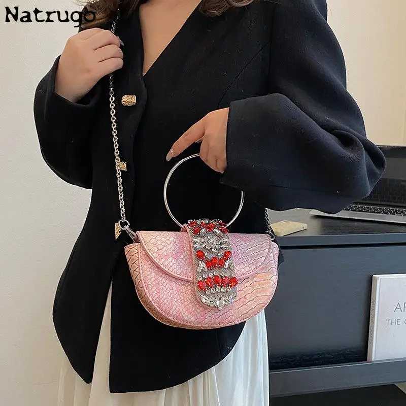 Diamond Half Round Evening Bag Women 2023 New Round Handle Rhinestone Dinner Clutch Purse Ladies Hand Bag Crossbody Bag