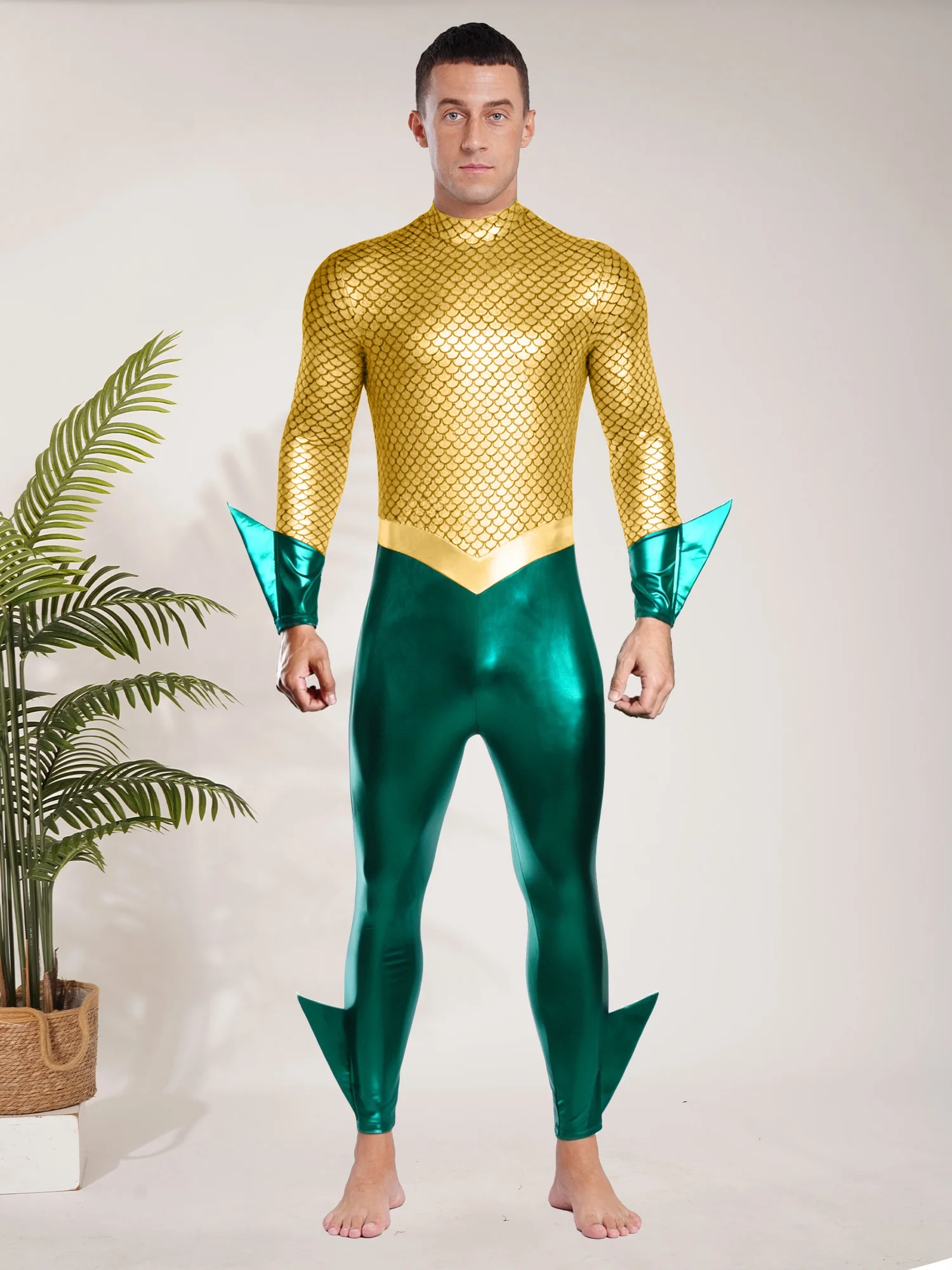 Men Halloween Theme Party Movie Aquaman King of The Sea Cosplay Costume Long Sleeve Metallic Shiny Fish Scale Print Jumpsuit view 4