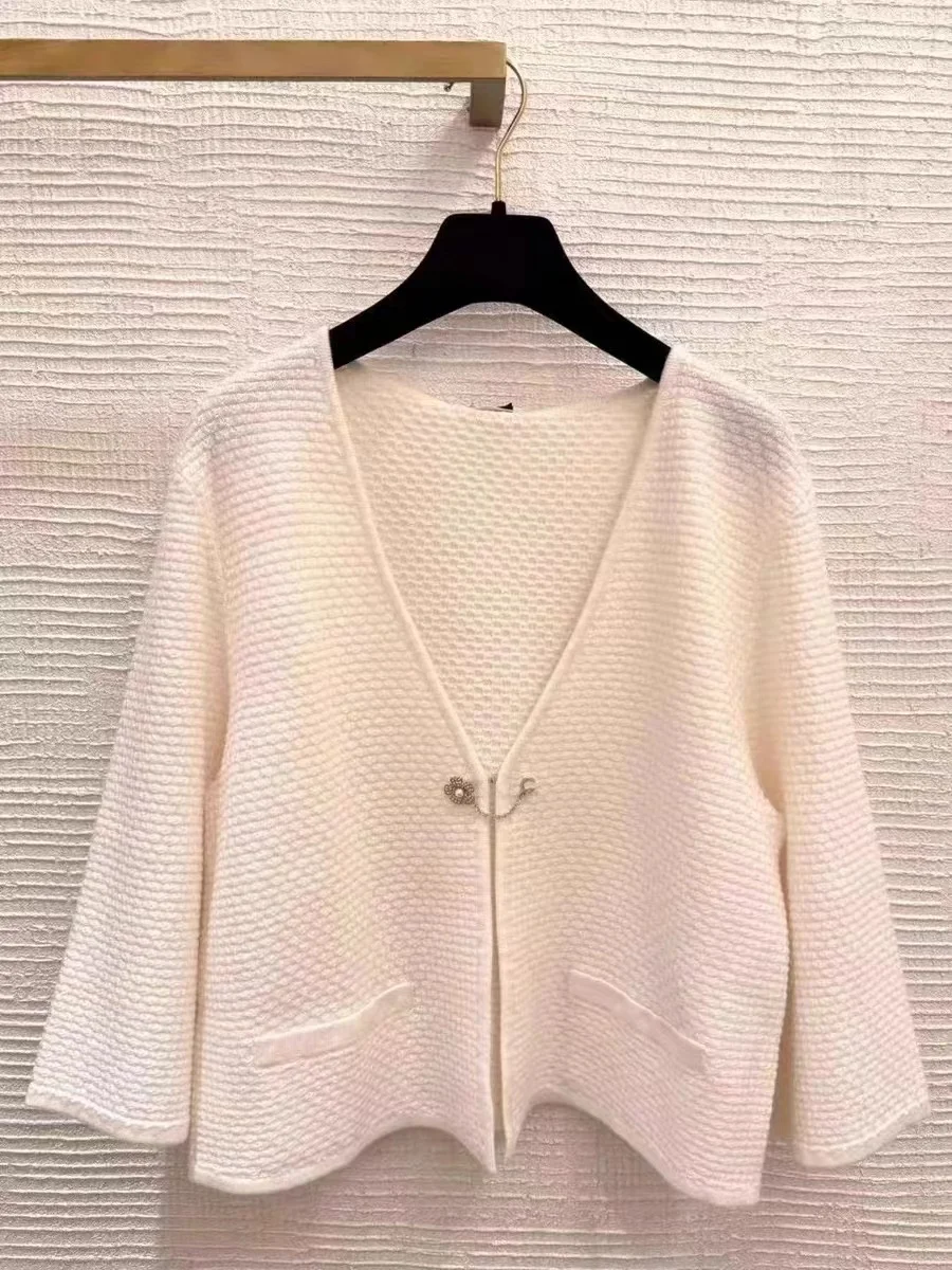 

Rhinestone-Decorated Flounce Sleeve Knit Cardigan for Women – Loose & Slimming Open Front Sweater Top