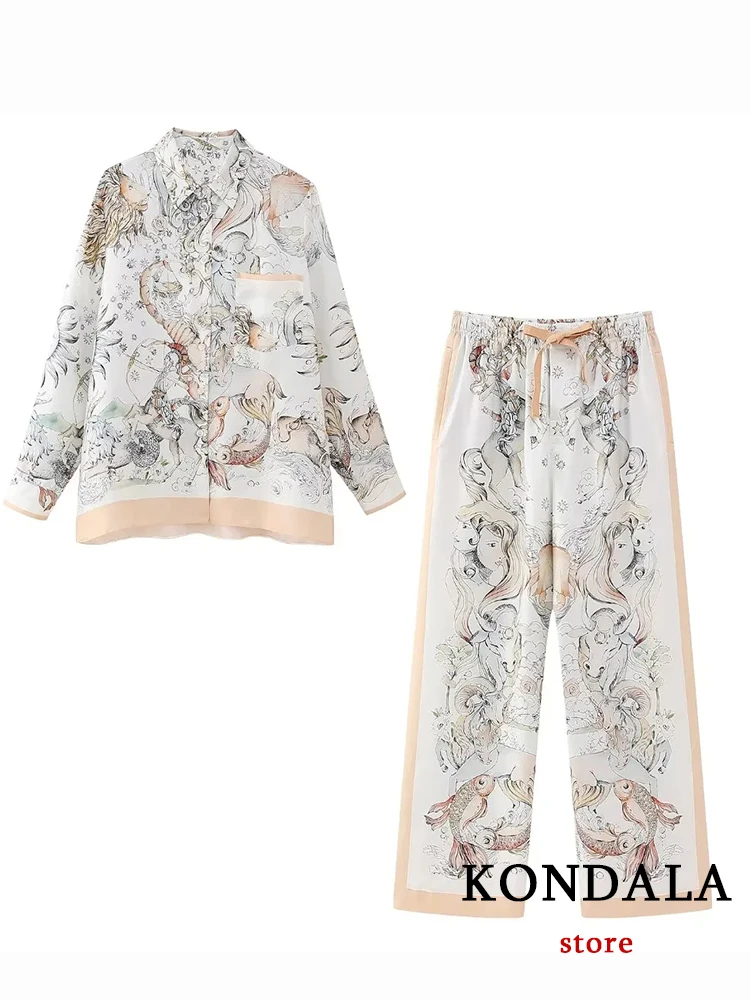 KONDALA Vintage Chic Print Holidady Set Casual Women Suit Fashion 2023 Long Sleeve Silk Oversized Shirt Wide Leg Drawstring Pant