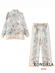 KONDALA Vintage Chic Print Holidady Set Casual Women Suit Fashion 2023 Long Sleeve Silk Oversized Shirt Wide Leg Drawstring Pant