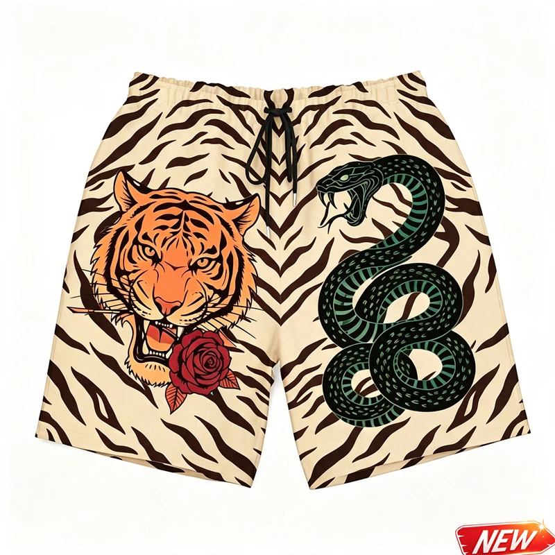 3d Printed Funny Tiger Snake Graphic Beach Shorts Men Leopard Swim Trunks Streetwear Quick Dry Casual Summer Surf Board Shorts
