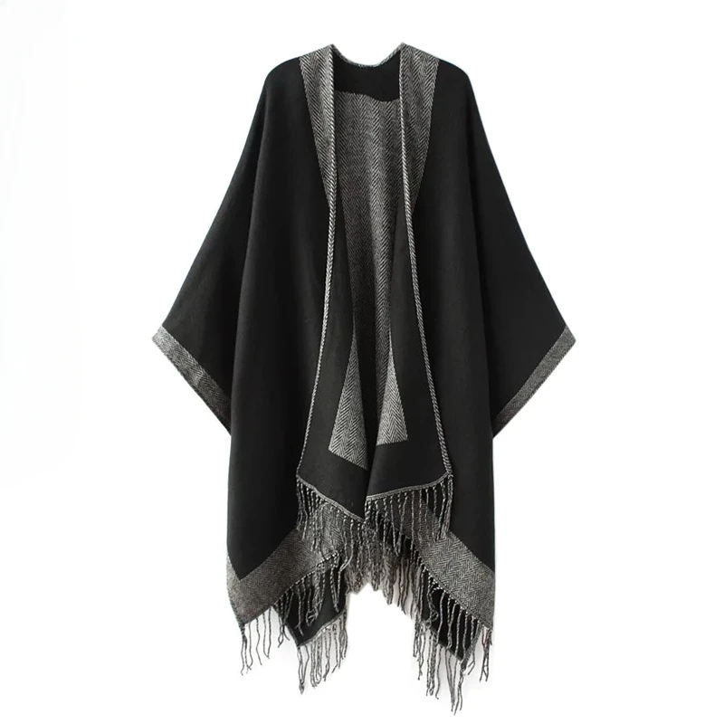 Cape and Shawl Coat Black Loose Casual Fashion Couple Tassel Thickened Long Section Scarf Autumn and Winter Wear Office Blouse