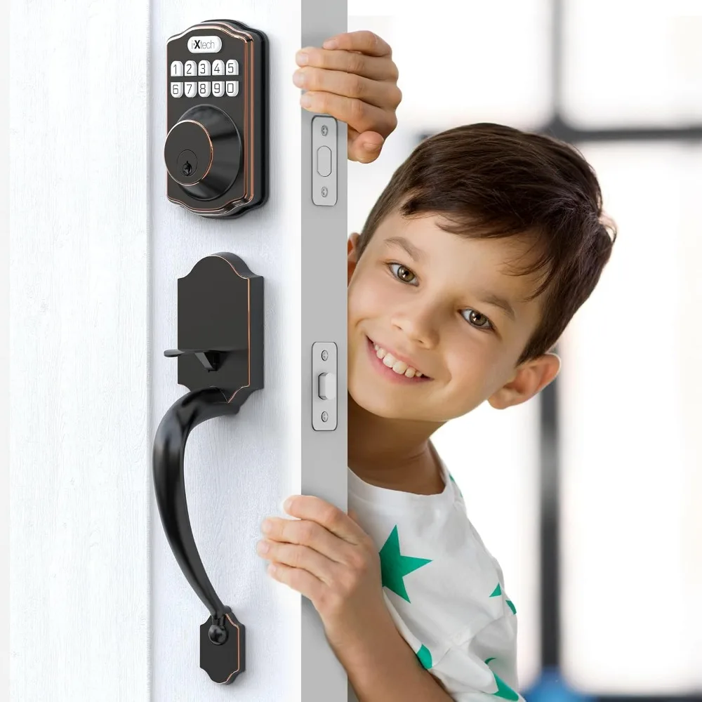 Home Keyless Entry Door Lock Deadbolt with Handle, Fits Standard Right and Left Hand Front Doors, Customizable Button Electroni