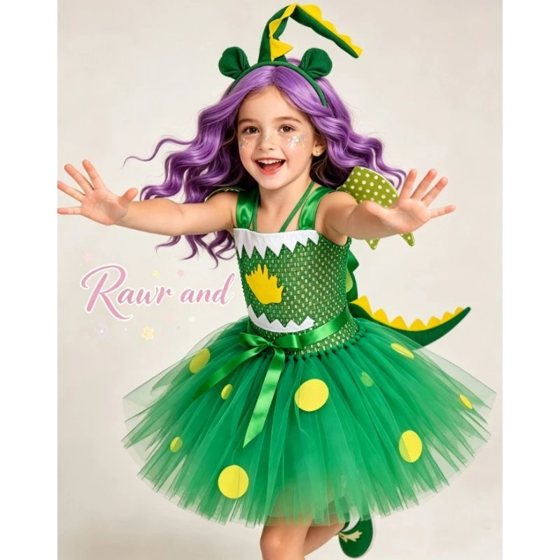 

Dinosaur World Girls 4Pcs Tutu Dress Breathable Fabric Kids Outfit Party Stage Costume Birthday Theme Dress Up Casual Daily Wear