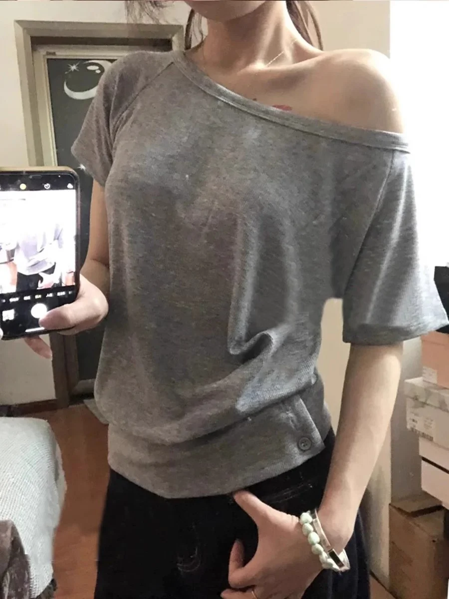 

Sexy oulder Bared T irt Pure Color ort Sve ey oulder Асимметричный дизайн Commute Sle Moisture ng Летний топ