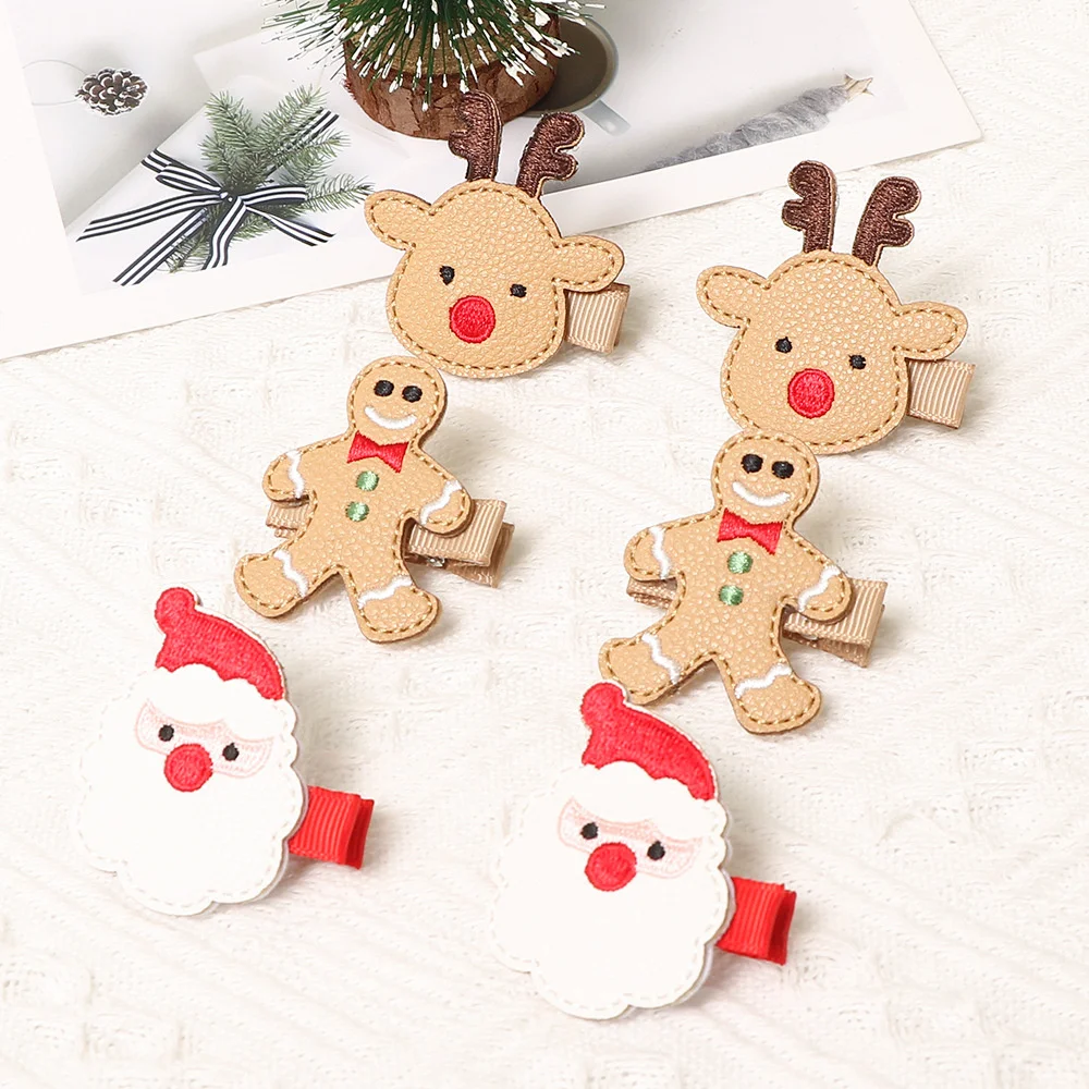 Cute Kids Christmas Gingerbread Man Hair Clip Delicate Leather Bowknot Santa Elk Hair Accessories Lovely Party Dress Up Headwear