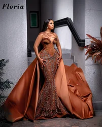 African Brown Mermaid Celebrity Dresses Beading Crystals Skirt Prom Dress Dubai Wedding Party Dress Vestidos De Noche Customized