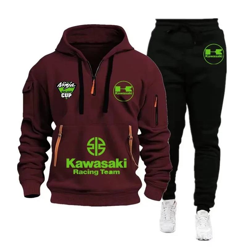 Kawasaki Men's Half Zipper Outdoor Extreme Sports Enthusiast Kawasaki Motorcycle Spring and Autumn Leisure Set Hoodie and Pants