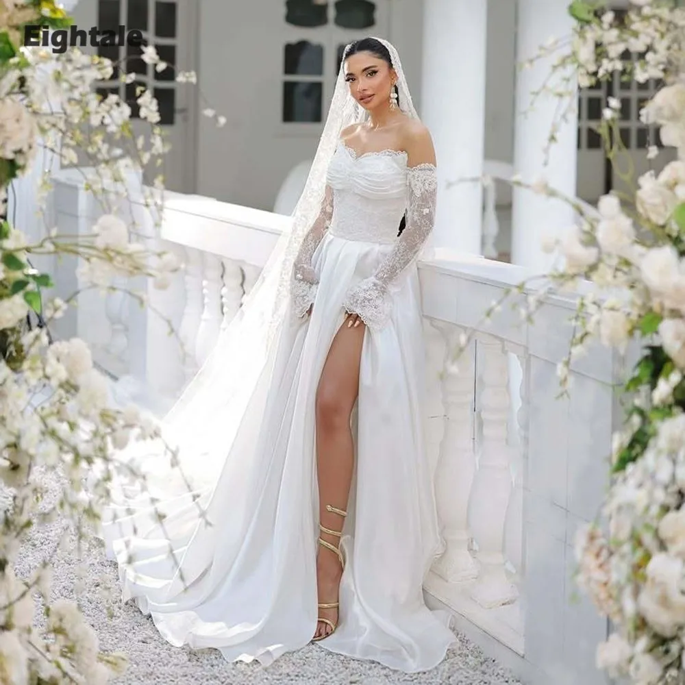 

Eightale Свадебные платья в стиле бохо Милая аппликация Кружева по индивидуальному заказу Свадебные платья трапециевидной формы с длинными рукавами Атласные платья de novia