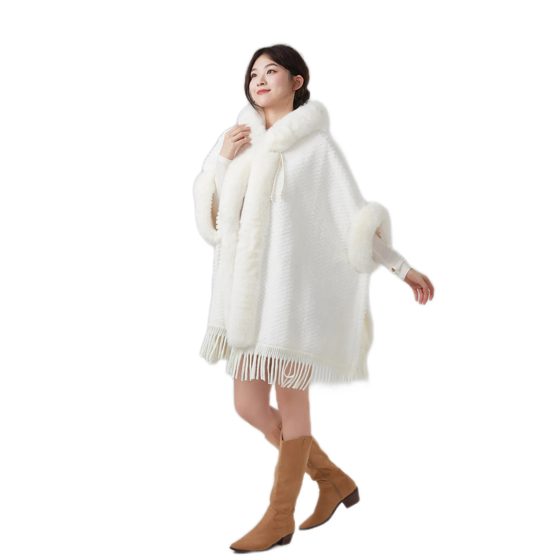 المعطف الخريف/الشتاء وصول جديد المرأة المتضخم فو الفراء مقنعين معطف ملفوف مريح مع هامش ومواد الصوف السميك P1 #5