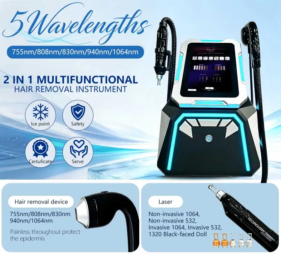 Professional 2In1 Diode Laser Hair Removal Picosecond ND YAG Tattoo Removal Machine 755 808 830 940 1064nm Ice Cooling Beauty