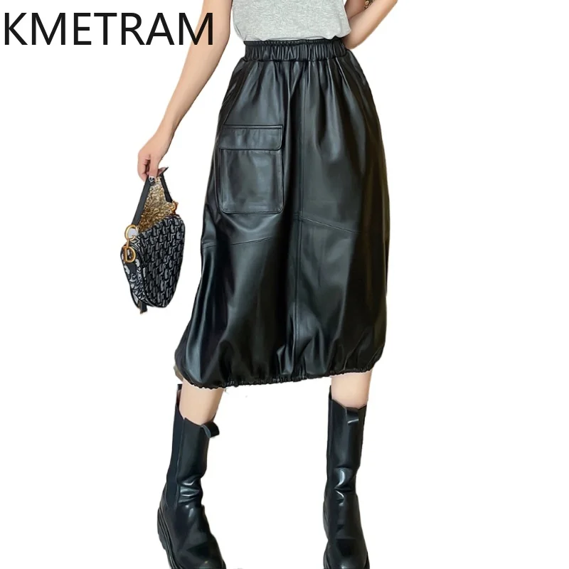

KMETRAM 100% Top Layer Sheepskin Skirts for Women Genuine Leather Black Lantern Skirt Woman 2025 Fall Clothes юбка женская