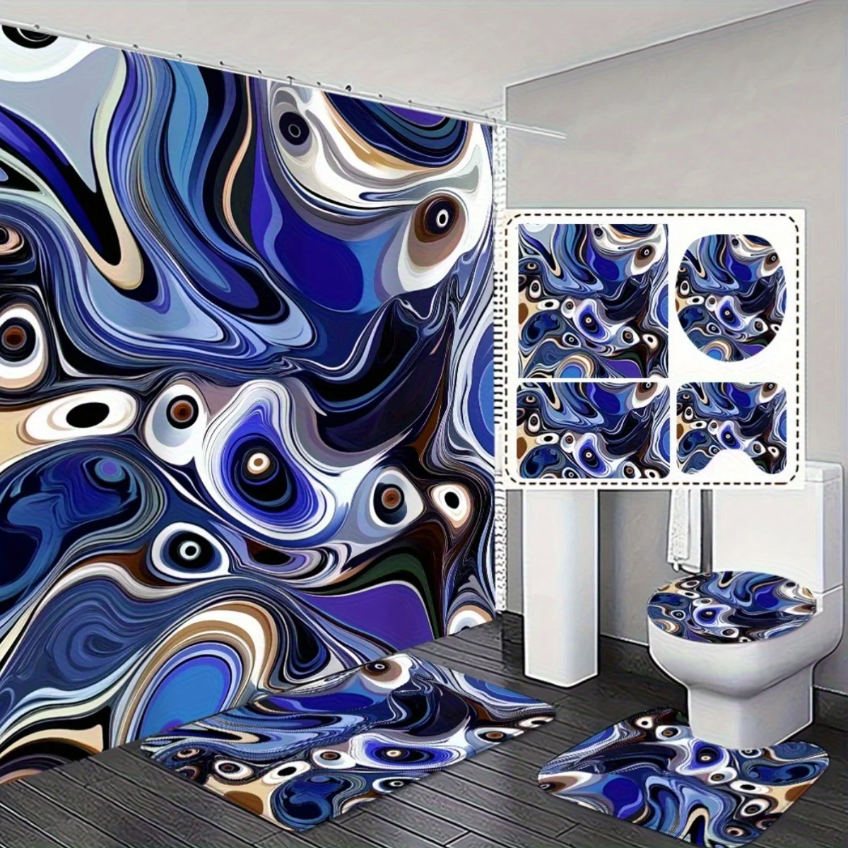 

4шт. Художественная и элегантная занавеска для душа с абстрактным дизайном и соответствующим нескользящим ковриком для ванной, набор для декора ванной комнаты, изысканный