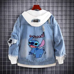 Sanrio Stitch Denim Hooded Coats Cute Cartoon Sweatshirts Kids Kawaii Anime Print Design Jacket Casual Streetwear Coat For Men