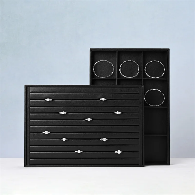 MISHITU Black Leather Jewelry Tray Jewelry Organizer Tray Ring Display Plate Necklace Pendant Rack Bracelet Storage Jewelry Tray