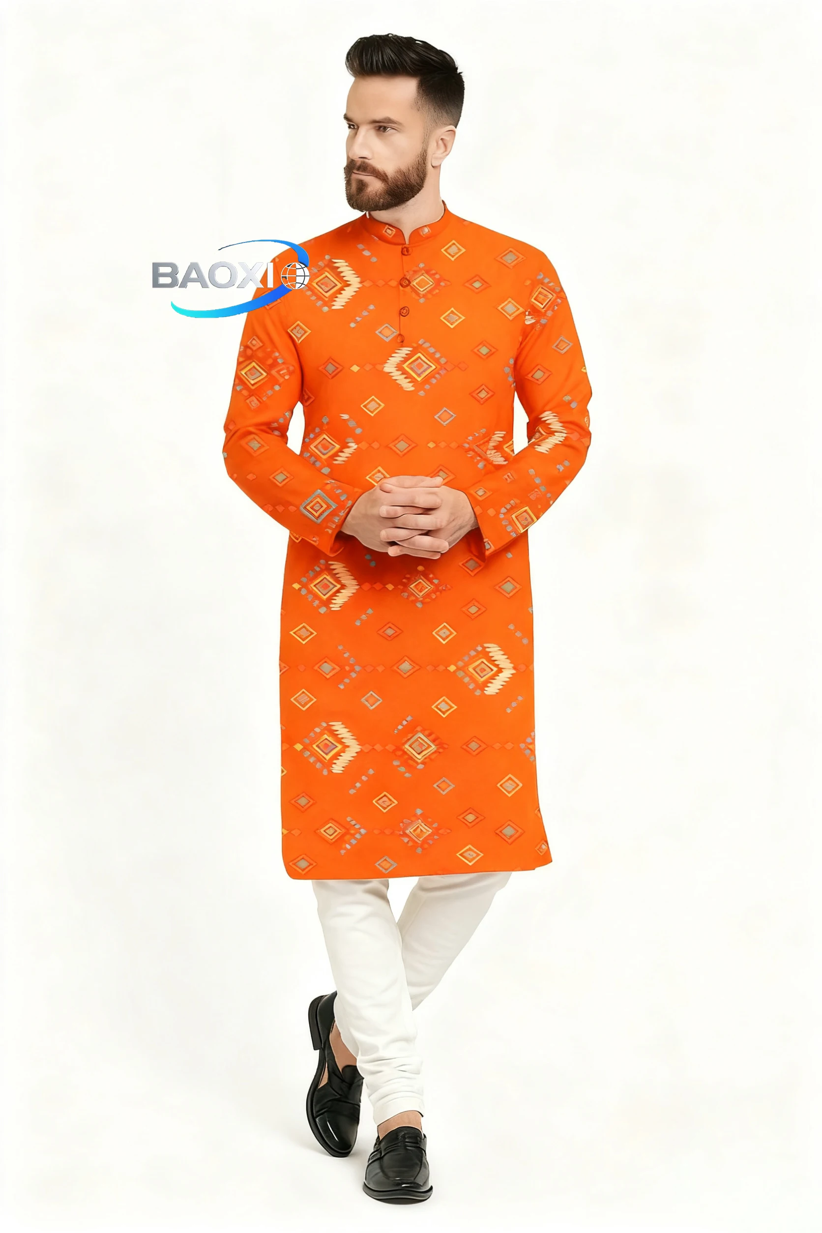 Uomo stampa digitale kurta pensiha vestibilità regolare colletto alla coreana lungo adatto a tutte le occasioni come matrimonio Hari Raya Aidilfitri,