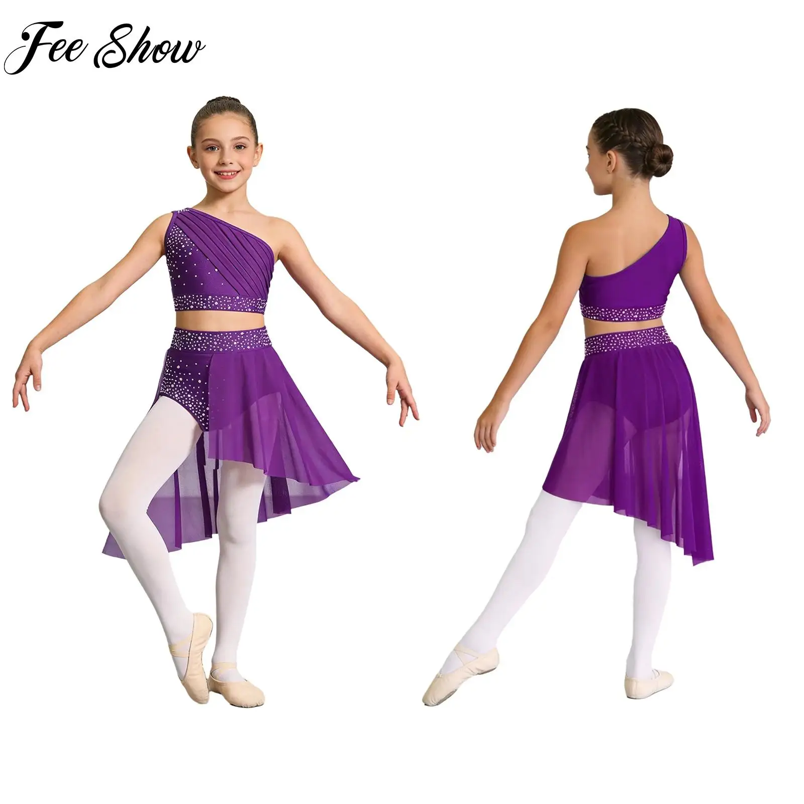 

Kids Girls Lyrical Jazz Dance Costume Skating Set Glittery Rhinestones Cropped Top with Briefs Modern Ballet Dance Dance Wear