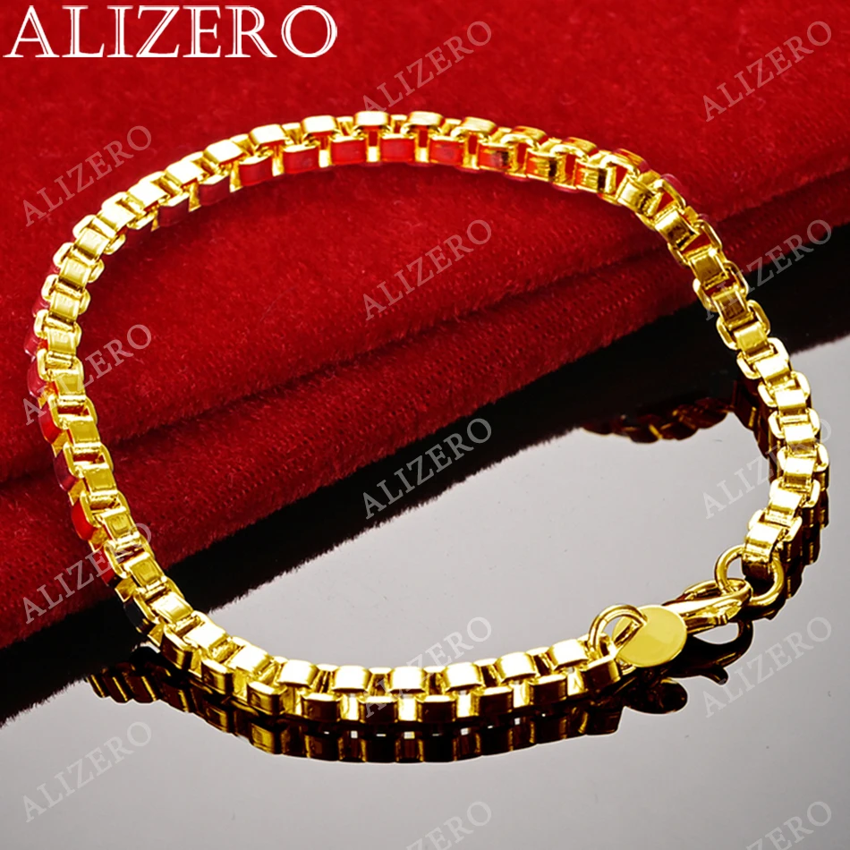 ALIZERO 18K Gold 4MM Box Chain Bracelets For Women Men Wedding Party Gift Fashion Jewelry Wholesale 925 Sterling Silver Bracelet