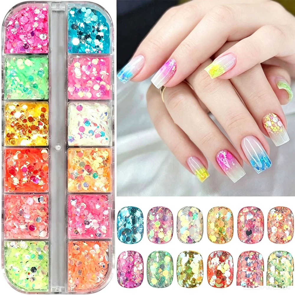 12 Colors Mixed Hexagonal Nail Glitter Sequins Set Colorful Iridescent Chunky Glitter Nail Flakes DIY Nail Decors for Manicure *