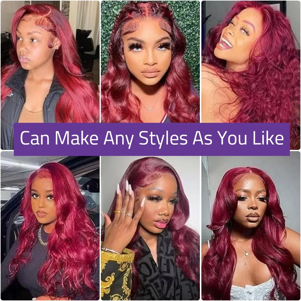 200% 밀도 바디 웨이브 버건디 99J 레이스 프론트 가발 13x4 13x6 HD 레이스 프론탈 가발 100% 인모 여성용 브라질리언 프리플럭 가발