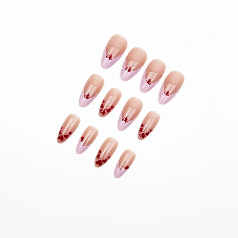 24 pièces amande faux ongles femmes saint valentin rose français presse sur ongles rouge amour coeur imprimé Stick-on faux ongles patchs