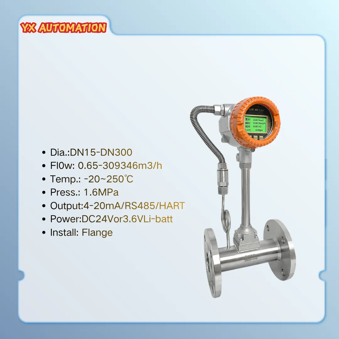 304 Stainless Steel Vortex Flow Meter With Flange Connection 4-20ma Rs485 Output For Steam, Compressed Air, Biogas