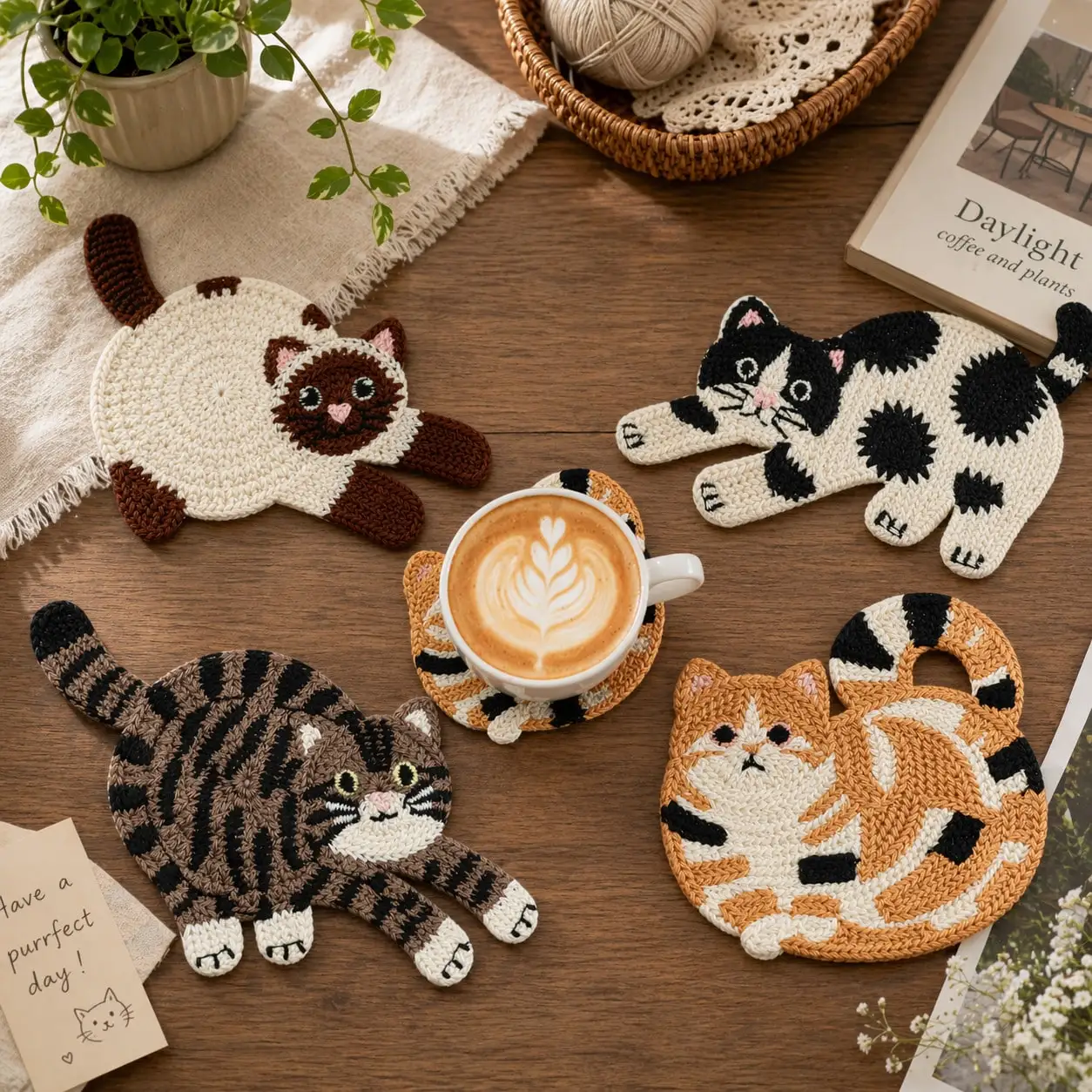 HAIJSEVRX Juego de 4 Posavasos con Diseño de Gato, Divertidos Posavasos Tejidos a Crochet para Bebidas, Posavasos de Punto para Café, Té, Escritorio, Mesa, Protección de Superficies