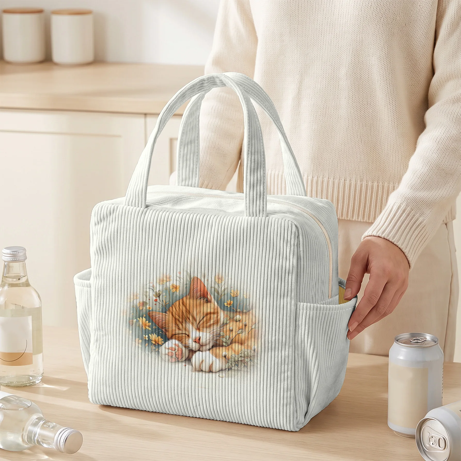 Sleeping Cat Print Insulated Lunch Bag Large Capacity Thermal Tote Bag For Work Picnic Daily Use