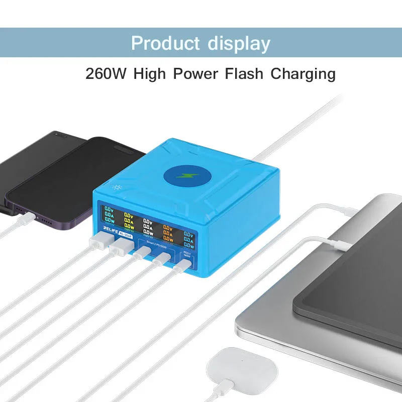 RELIFE RL-304R Multi-port GaN Charger USB Digital Display Lightning Charger 260W High Power for Phones Tablet Quick Charging