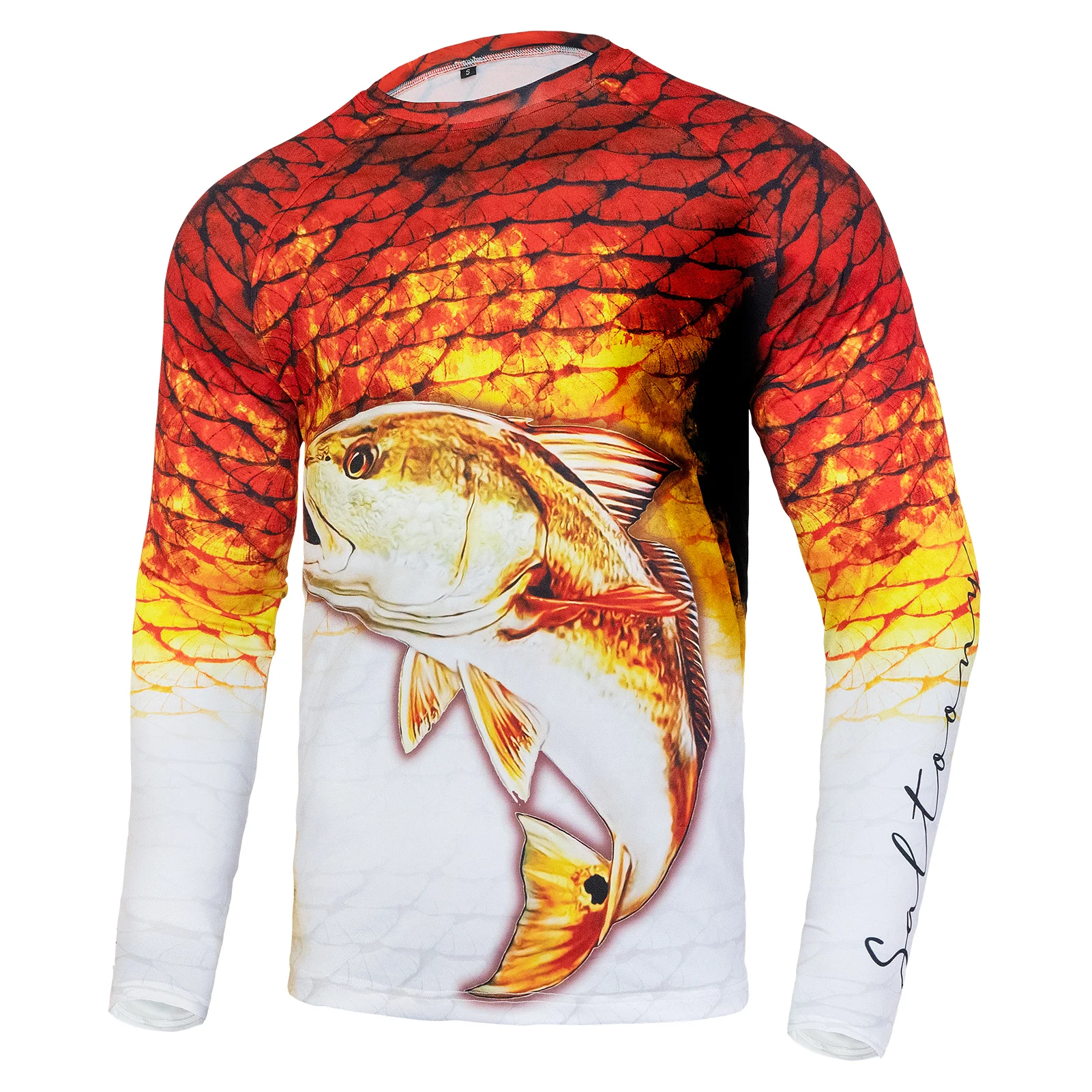 Red Gold Gradient Scale Bass Full Print Crew Neck Long Sleeve Tee, Vibrant Style for Daily Wear, Beach Walks & Casual Fishing
