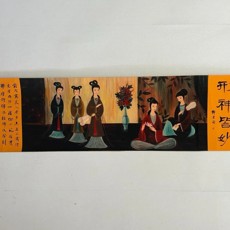 

Antique Style Famous Calligraphy and Painting Scroll of Elegant Lady with Delicate Flowers, Long Scroll for Living Room Decorati
