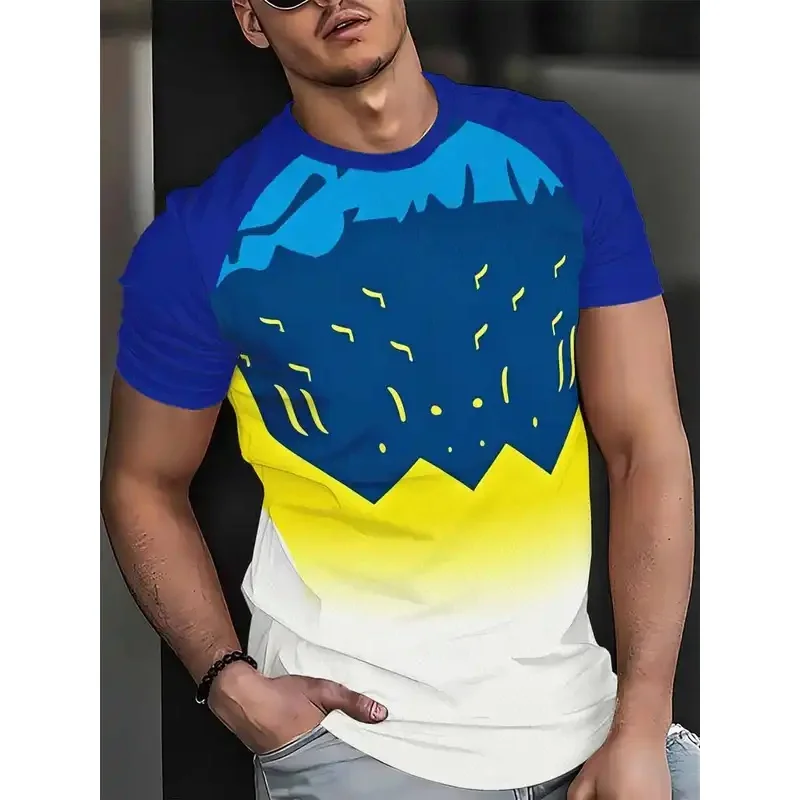 Men's Quick Dry T Shirt High Stretch Geometric Mountain Printed Blue Yellow White Degraded Short Sleeve Round Neck Breathable