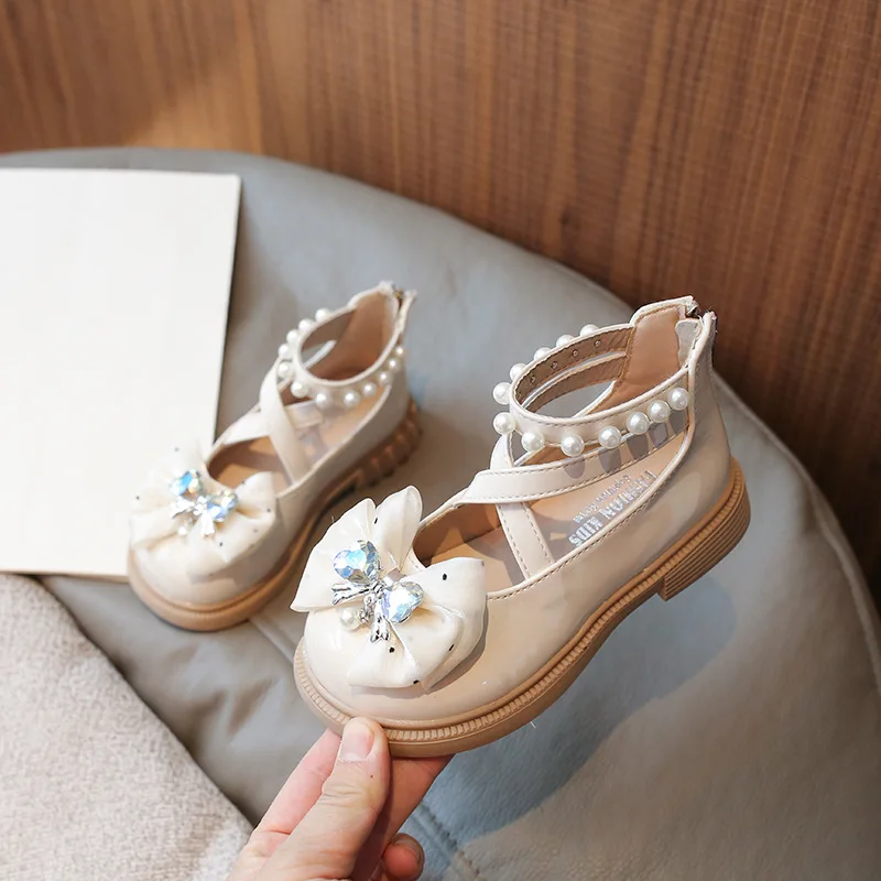 Girls Princess Leather Shoes New Spring Autumn Elegant Bowknot Children Pearl Single Shoes Sweet Ankle Strap Kid Mary Jane Shoes