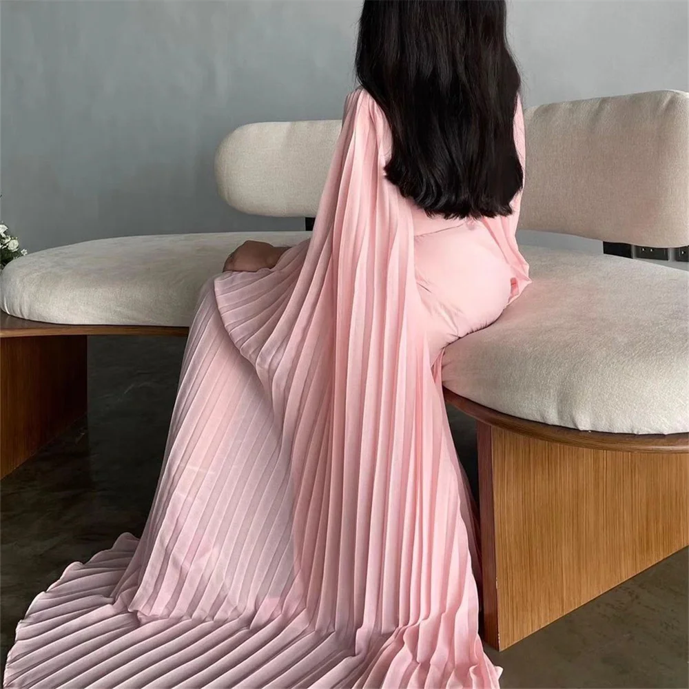 LUNAFLEYA Simple O Neck Pleat Classy Half Sleeve Mermaid Long Evening Dress For Woman Ankle Length Sweep Train Prom Gown