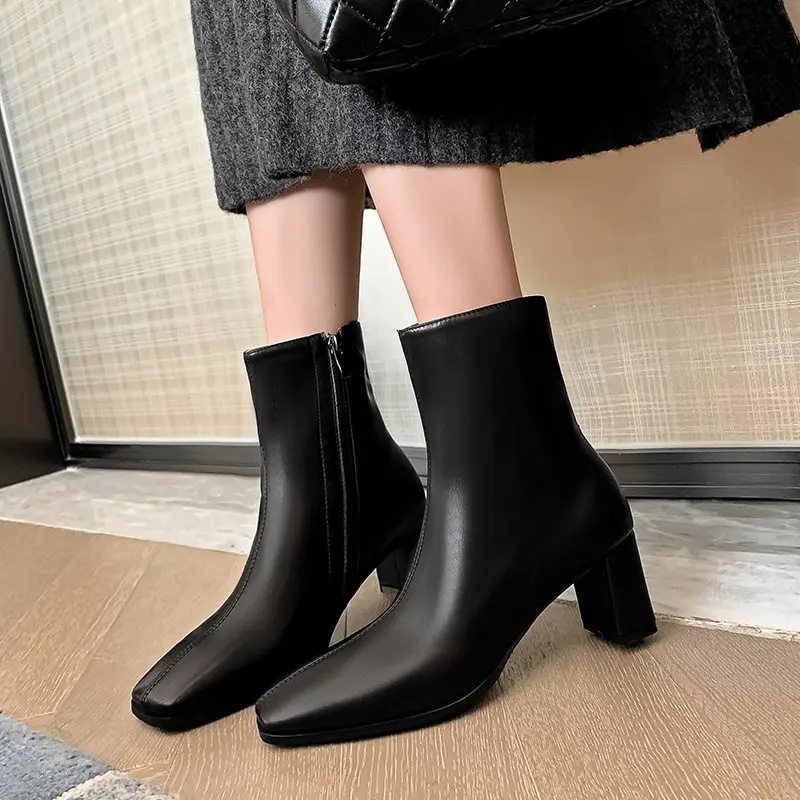 TOTOMELA Plus Size 34-42 New 2024 Genuine Leather Boots Square Toe High Heels Ankle Boots Autumn Winter Office Dress Shoes