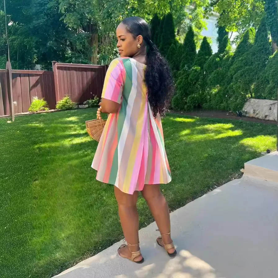 Dress Women Striped Print Short Sleeve Round Neck Mini Dresses Casual Spliced Regular Vestido Pockets Basics Summer 2025