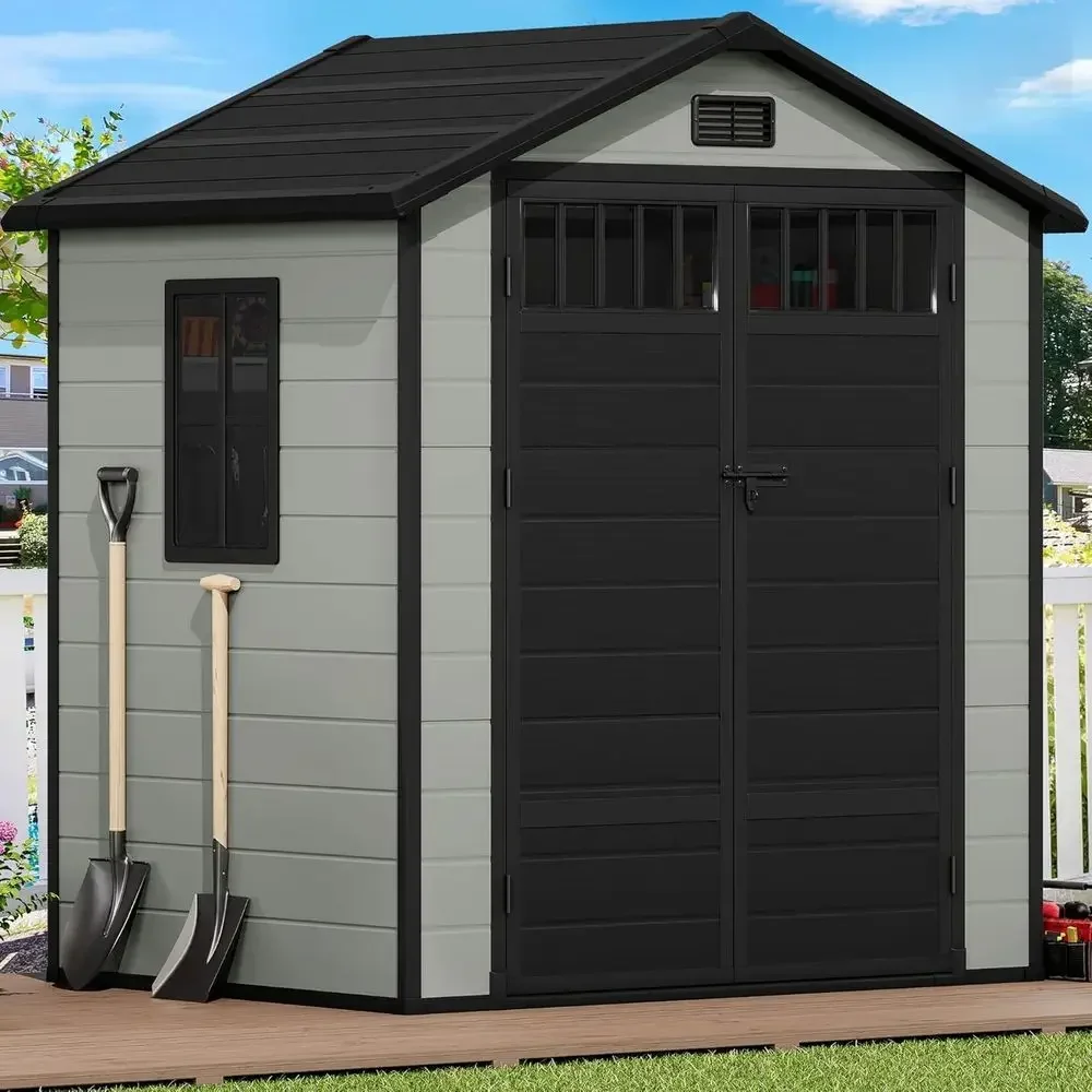 6x4.4ft Outdoor Resin Shed with Enclosed Style, Side Windows, Lockable Door, and Vents for Garden, Backyard, Patio, Lawn - Blue-
