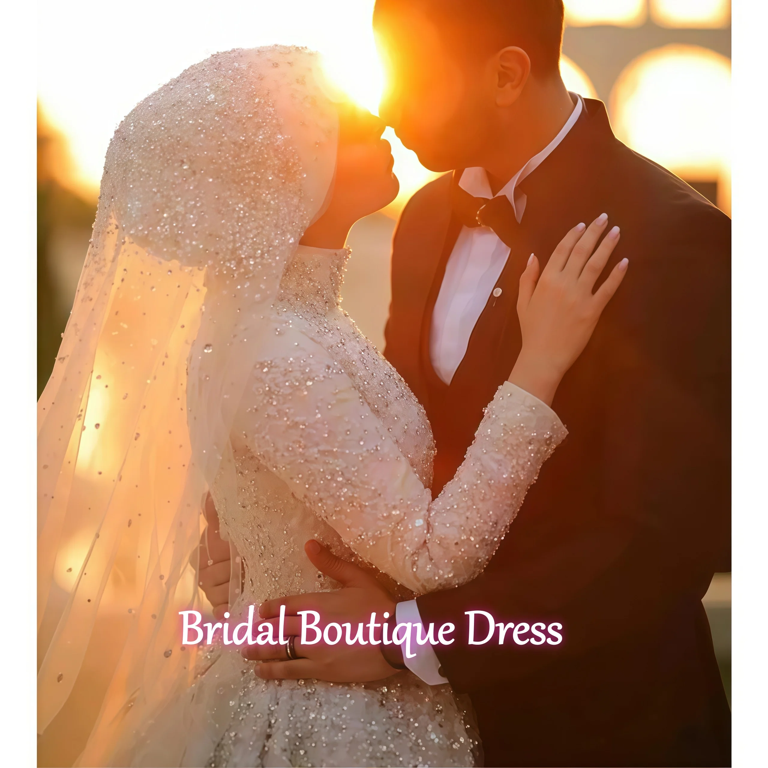 Abito da sposa in rilievo con paillettes squisito personalizzato per la sposa collo alto Dubai arabo Hijab abito da sposa musulmano Robes De Mariée