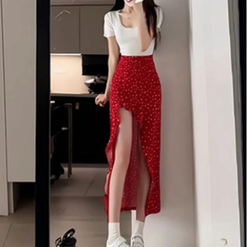 Women Clothing Fashion Elastic Waist Summer Red Irregular High Waist Slimming Floral Lotus Leaf Half Skirt New Slit Long Skirt