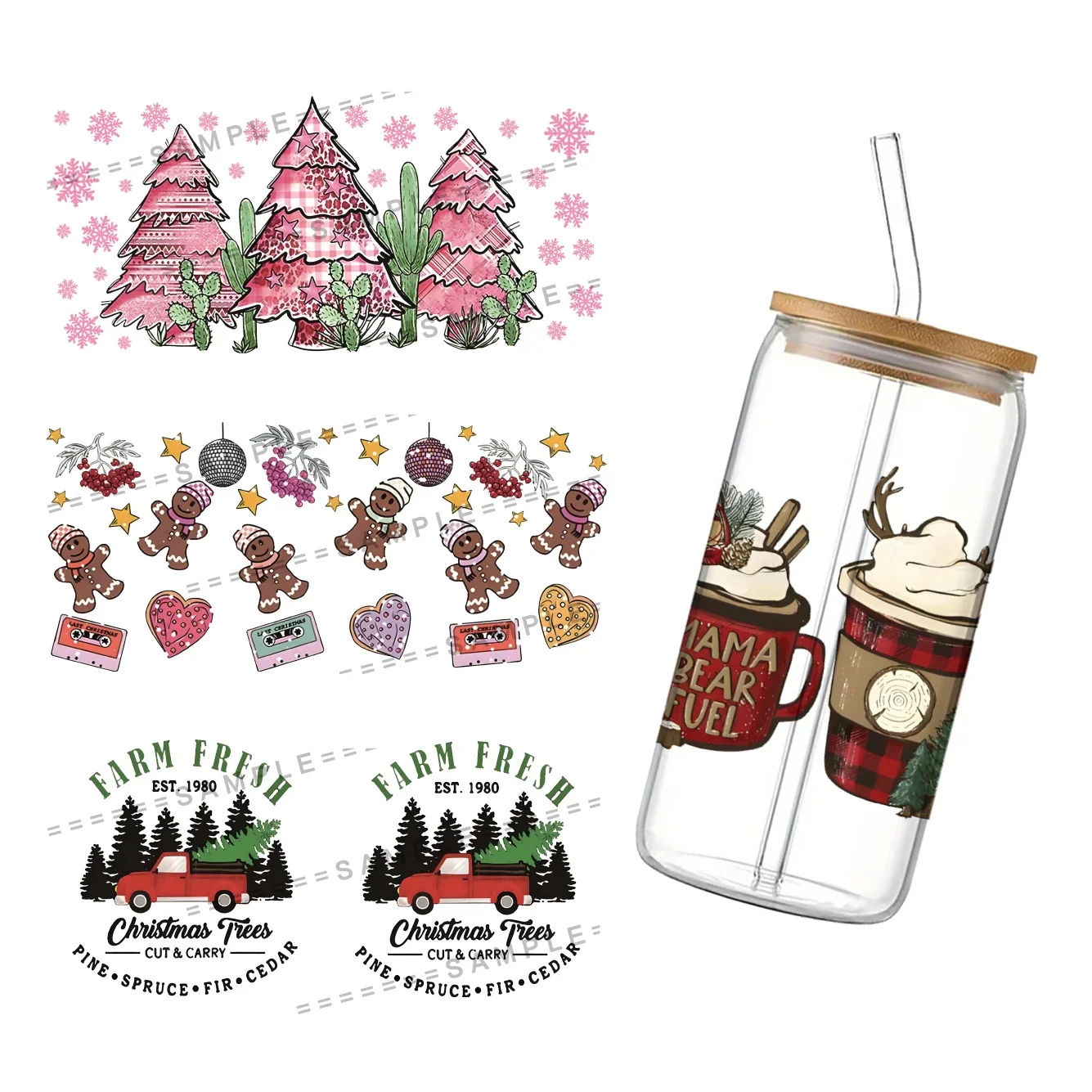 Świąteczne okleiny na kubki Libbey 16oz, UV DTF, okleina na kubek do kawy, okleina na szkło Libbey, Wesołych Świąt