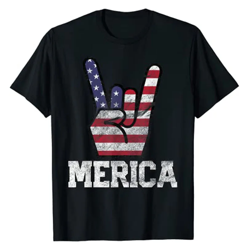 Merica Rock Sign 4th of July Vintage American Flag Retro USA T-Shirt Funny Patriotic Graphic Tee Tops Memorial Day Costume Gifts