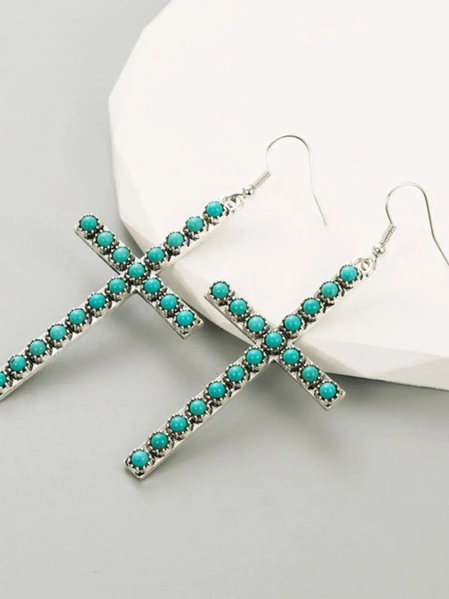 أقراط رائجة البيع، مجموعة سبائك مبالغ فيها مع أقراط متقاطعة فيروزية، شخصية أنثوية، أقراط مزاجية عالية الجودة #4